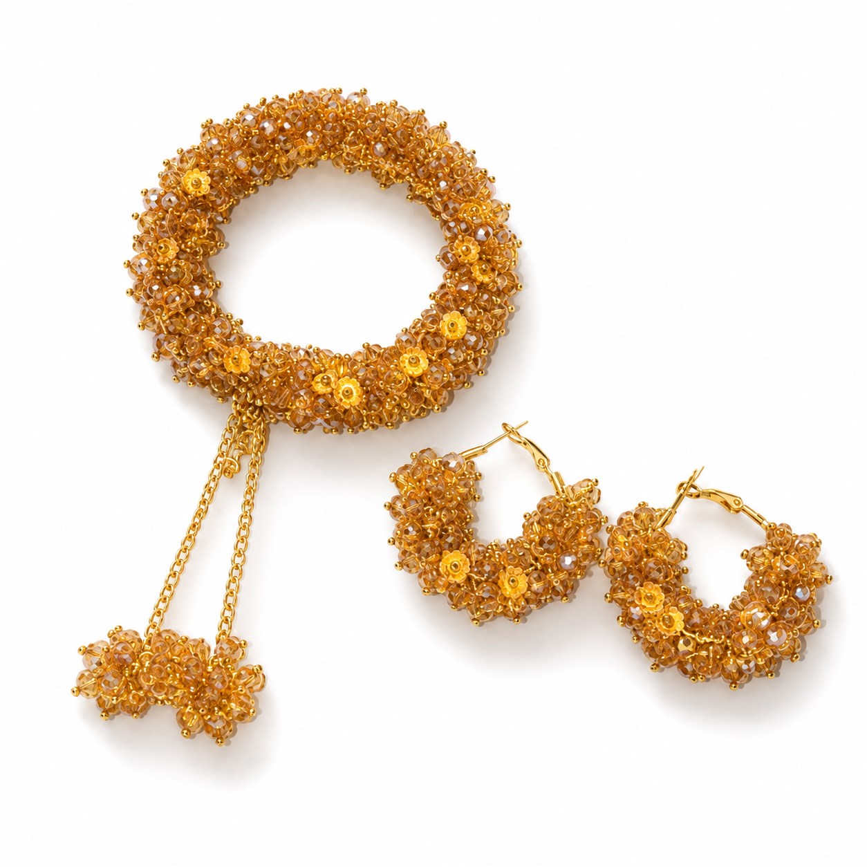 Golden Bloom Gajra Bracelet & Earrings Set