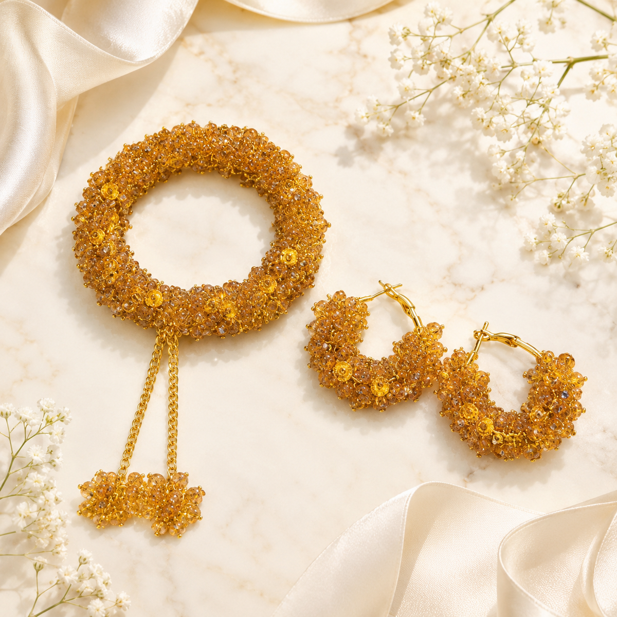 Golden Bloom Gajra Bracelet & Earrings Set