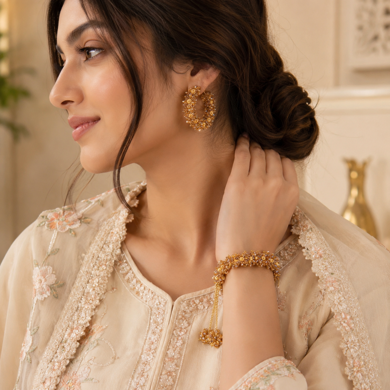 Golden Bloom Gajra Bracelet & Earrings Set
