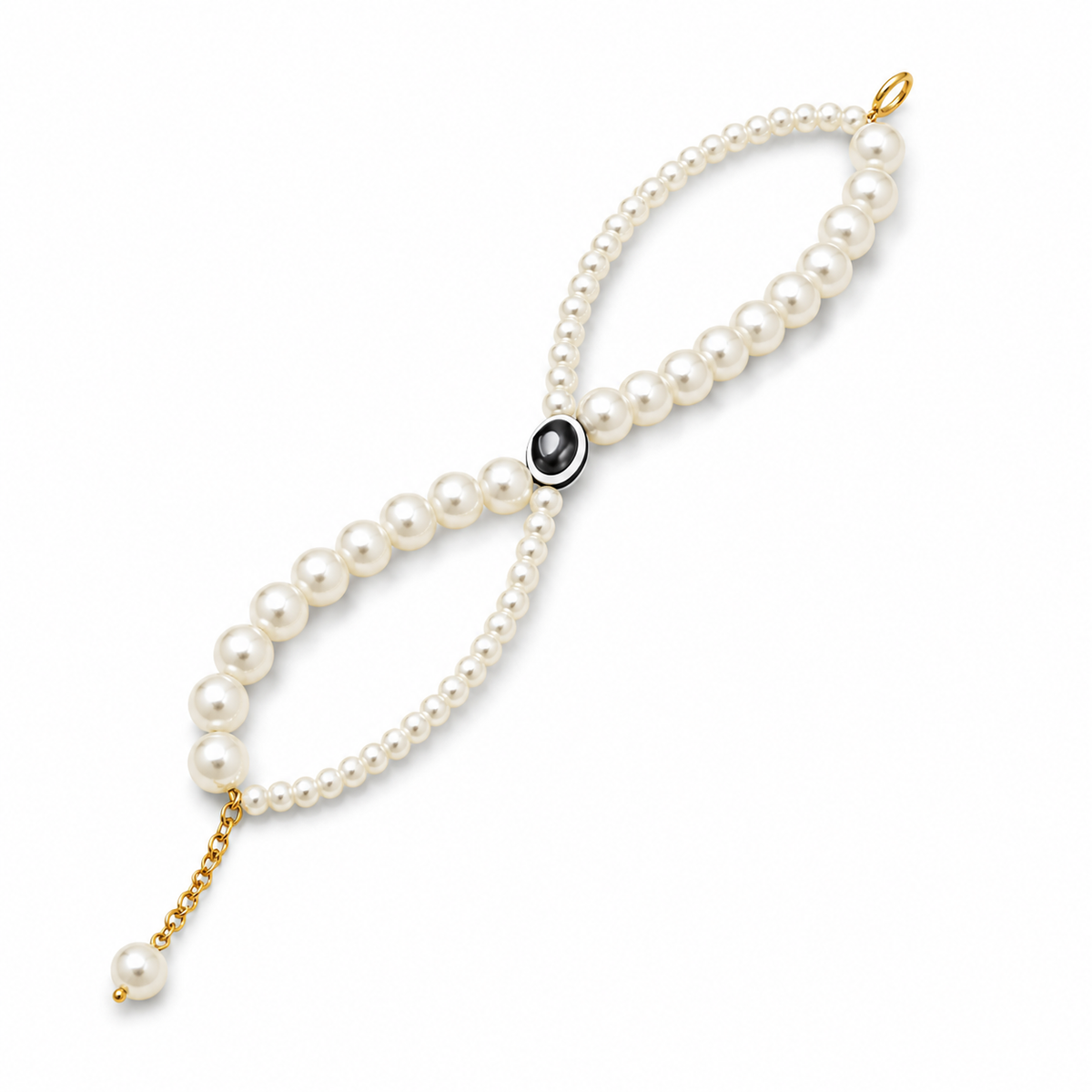 Elegant Pearl Bracelet with Gold Chain & Black Evil Eye Charm
