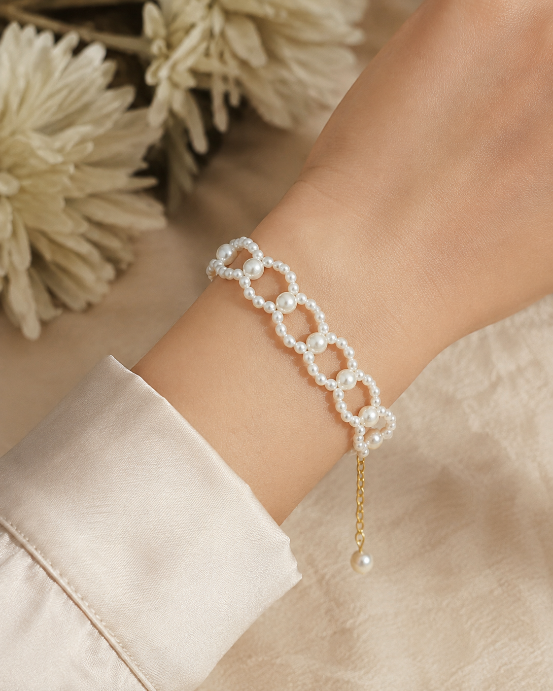 Elegant Pearl Bracelet with Gold Accents & Dangle Charm