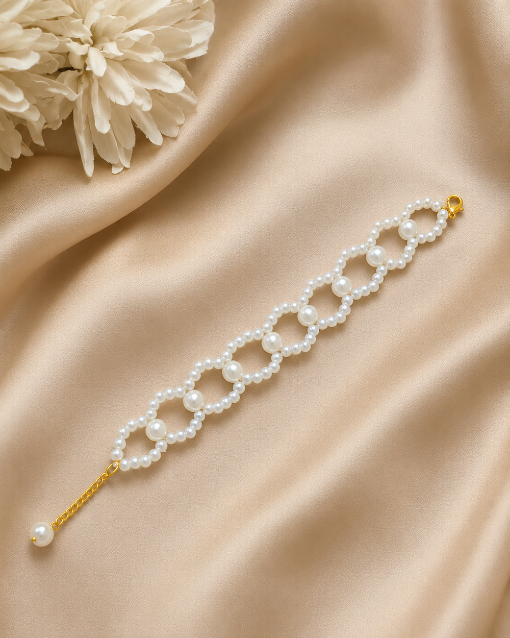 Elegant Pearl Bracelet with Gold Accents & Dangle Charm
