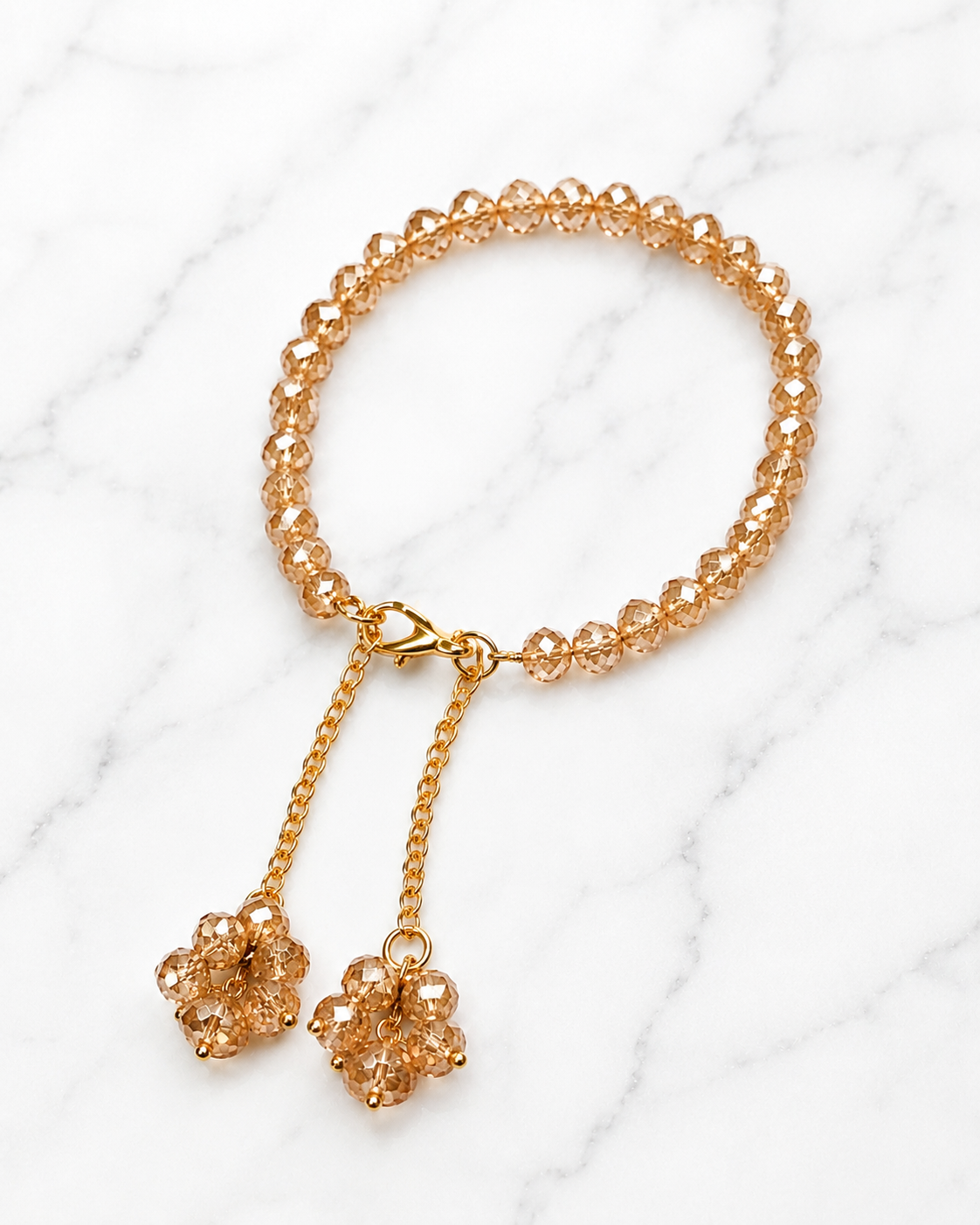 Golden Crystal Beaded Bracelet with Elegant Dangle Charms