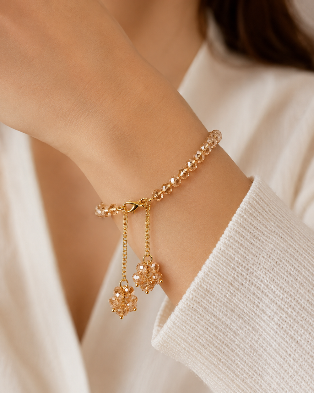 Golden Crystal Beaded Bracelet with Elegant Dangle Charms