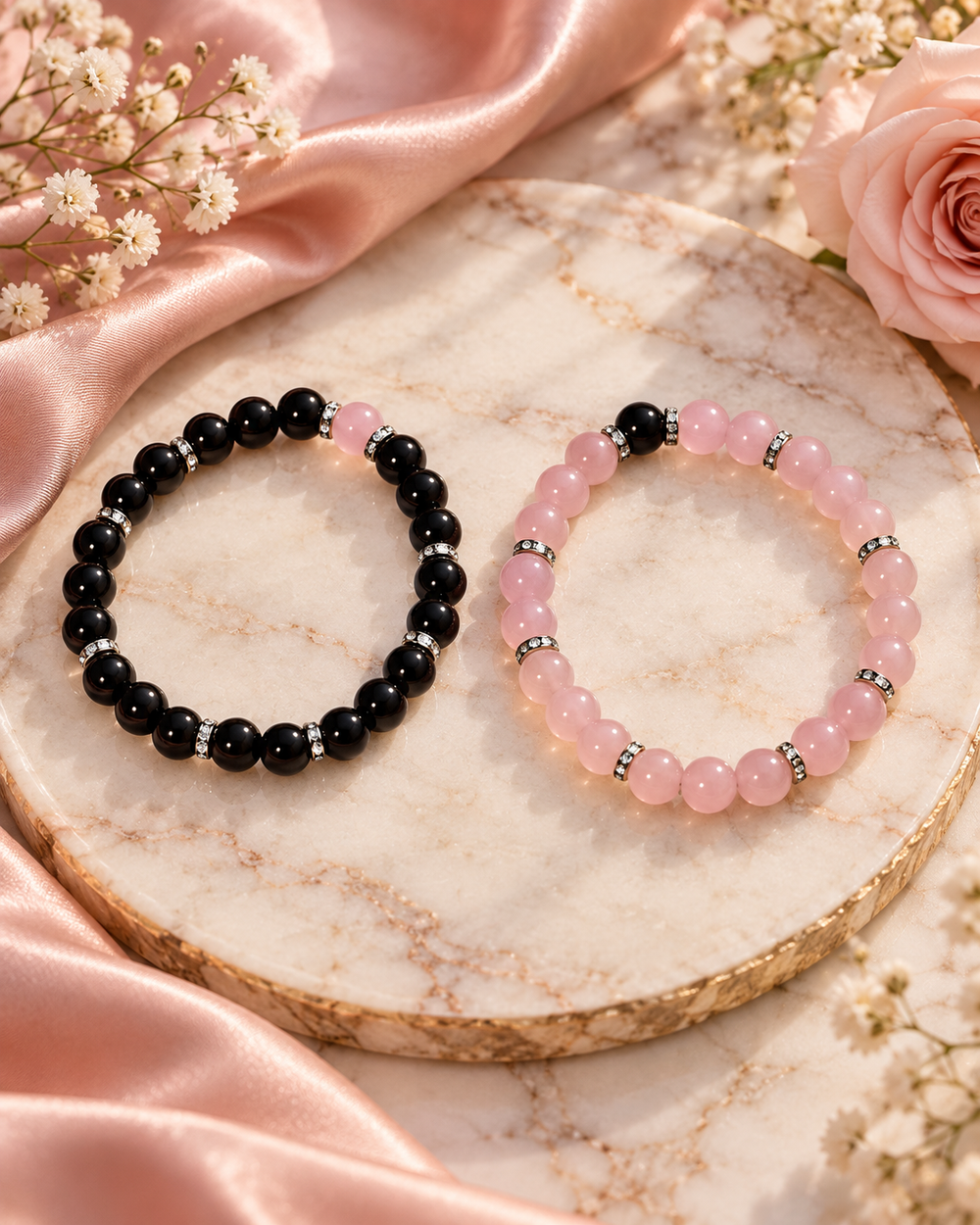 Black & Pink Beaded Bracelets – Elegant Crystal Accent Jewelry
