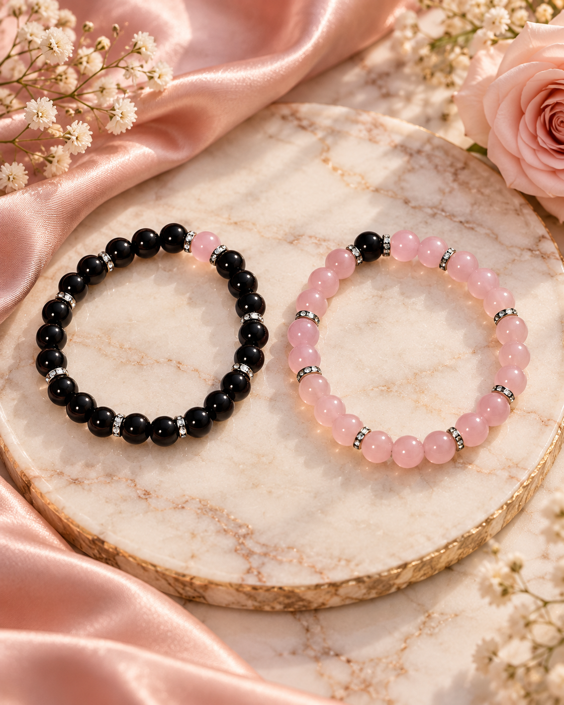 Black & Pink Beaded Bracelets – Elegant Crystal Accent Jewelry