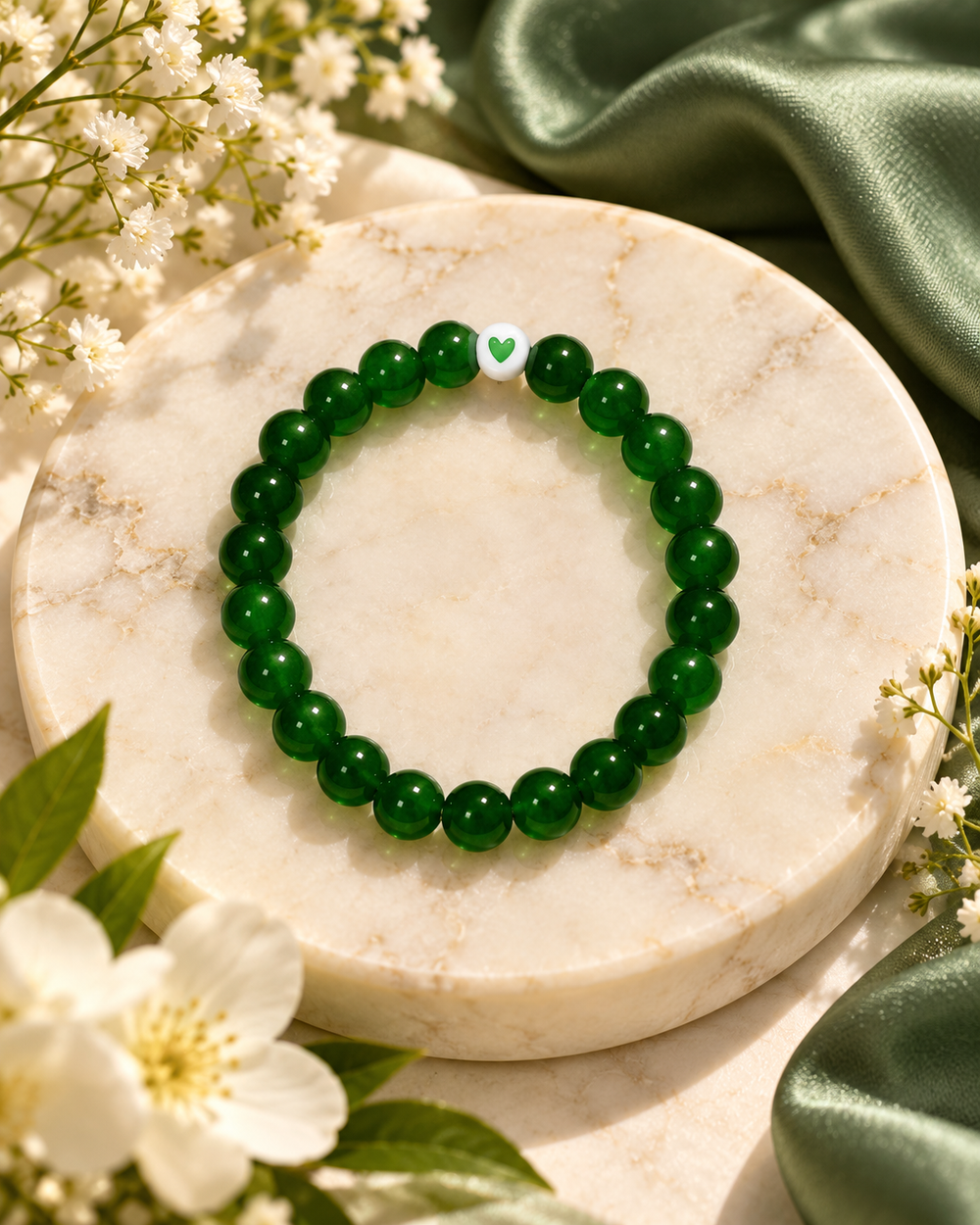 Emerald Green Heart Beaded Bracelet – Elegant & Minimalist Jewelry