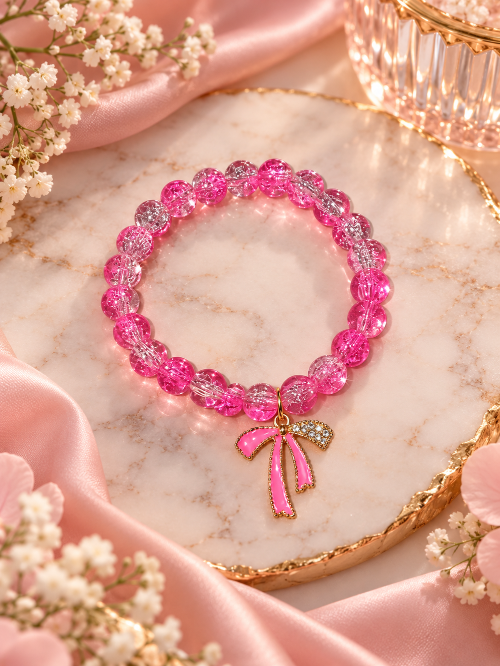 Sparkling Pink Bow Charm Bracelet – Elegant Beaded Jewelry 🎀💗