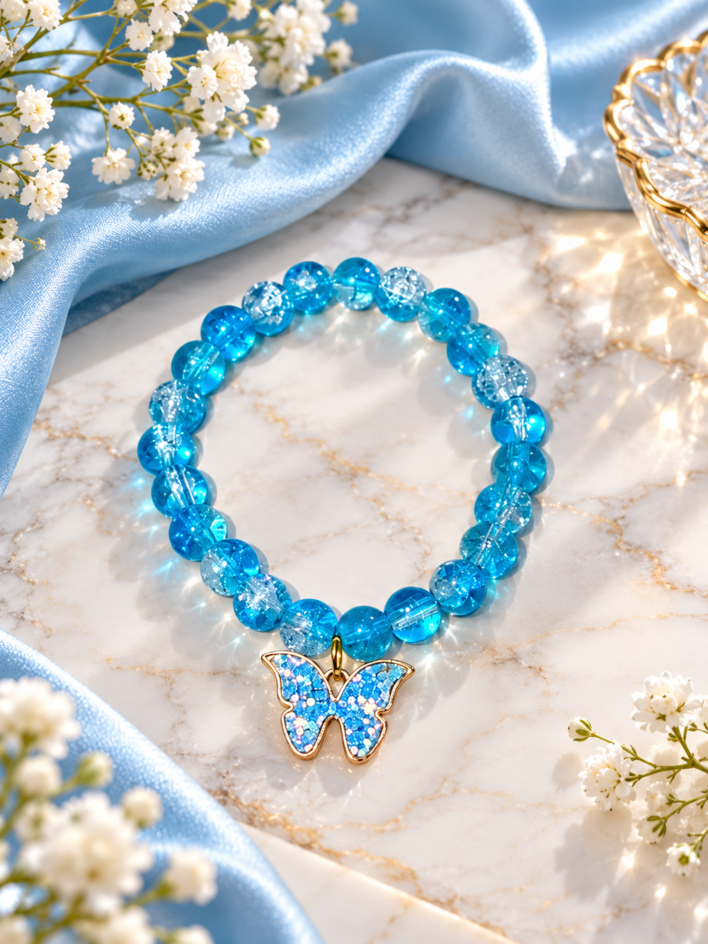 Ocean Blue Butterfly Charm Bracelet – Sparkling Beaded Jewelry 🦋💙