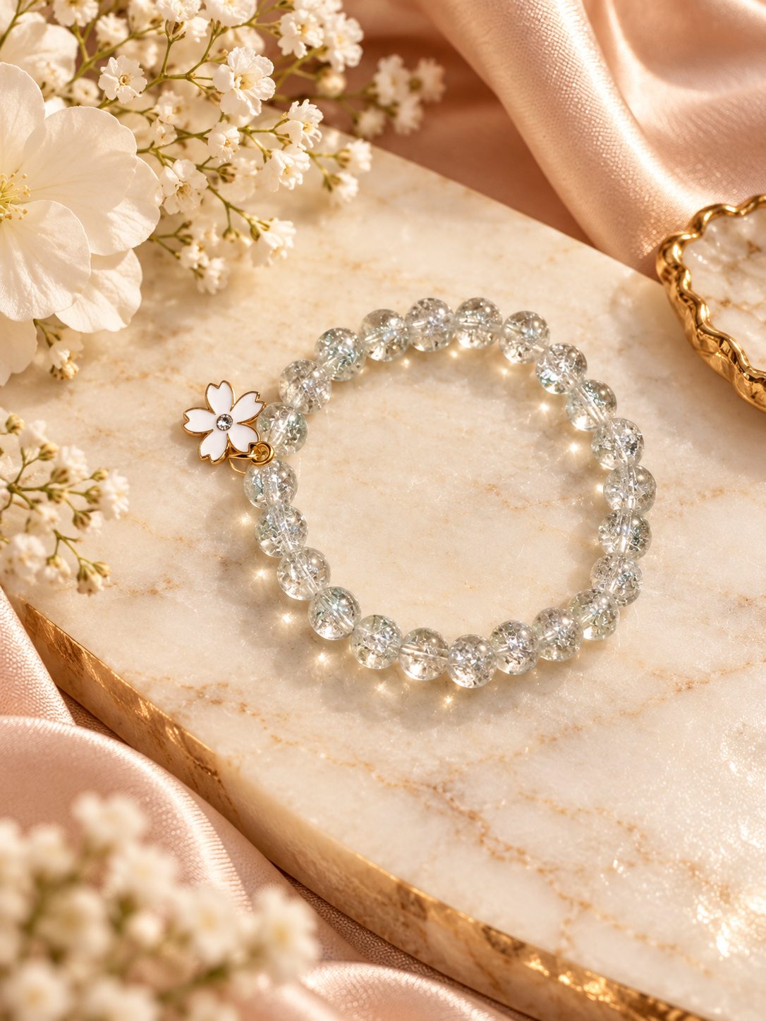 Crystal Clear Flower Charm Bracelet – Elegant Sparkling Beaded Jewelry 🤍🌸