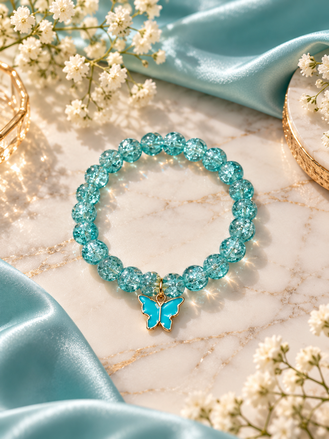 Aqua Blue Butterfly Charm Bracelet – Sparkling Beaded Jewelry 🦋💙