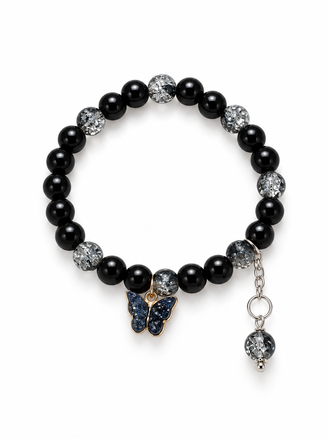 Midnight Butterfly Charm Bracelet – Black & Crystal Beaded Jewelry 🖤🦋