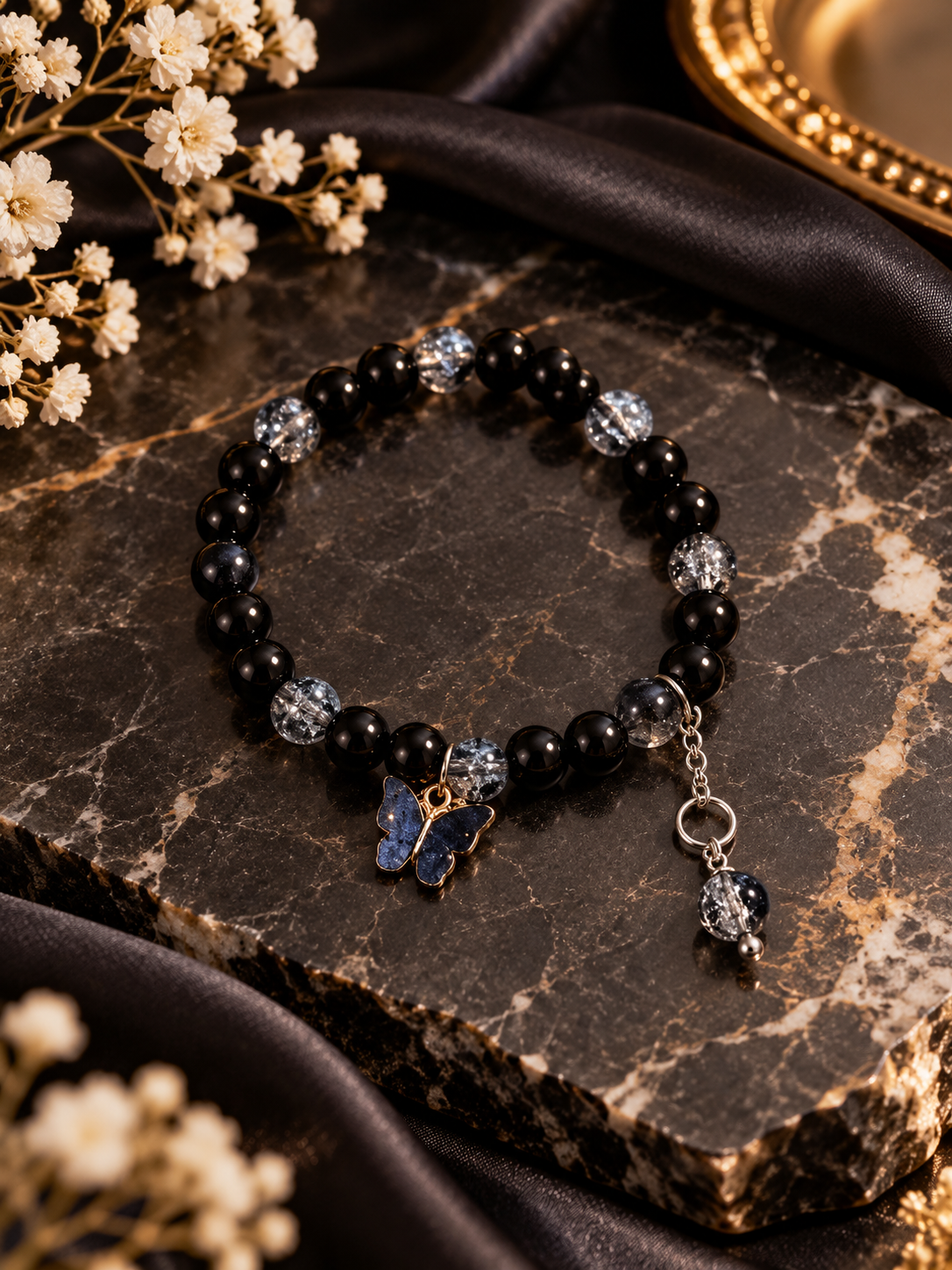 Midnight Butterfly Charm Bracelet – Black & Crystal Beaded Jewelry 🖤🦋