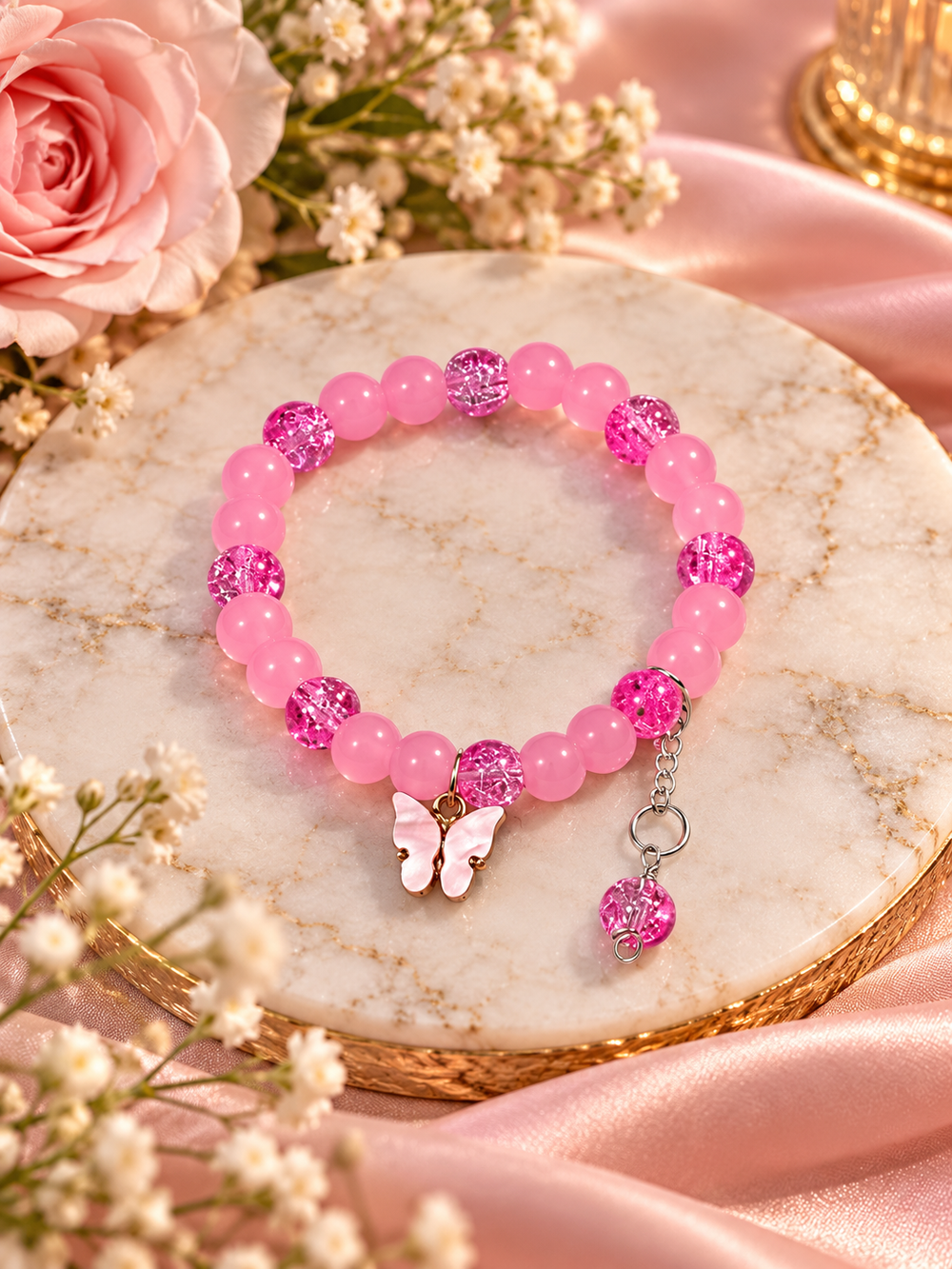 Blush Pink Butterfly Charm Bracelet – Sparkling Beaded Jewelry 🦋💗